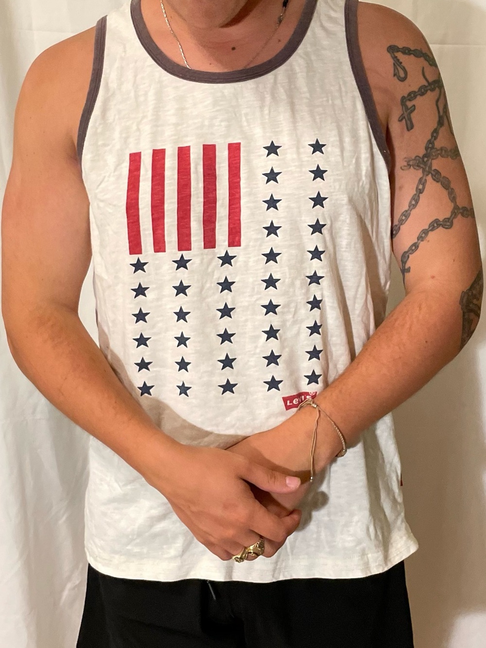 Levi Strauss Shirt Mens XXL White American Flag Large Print Tank Outdoor